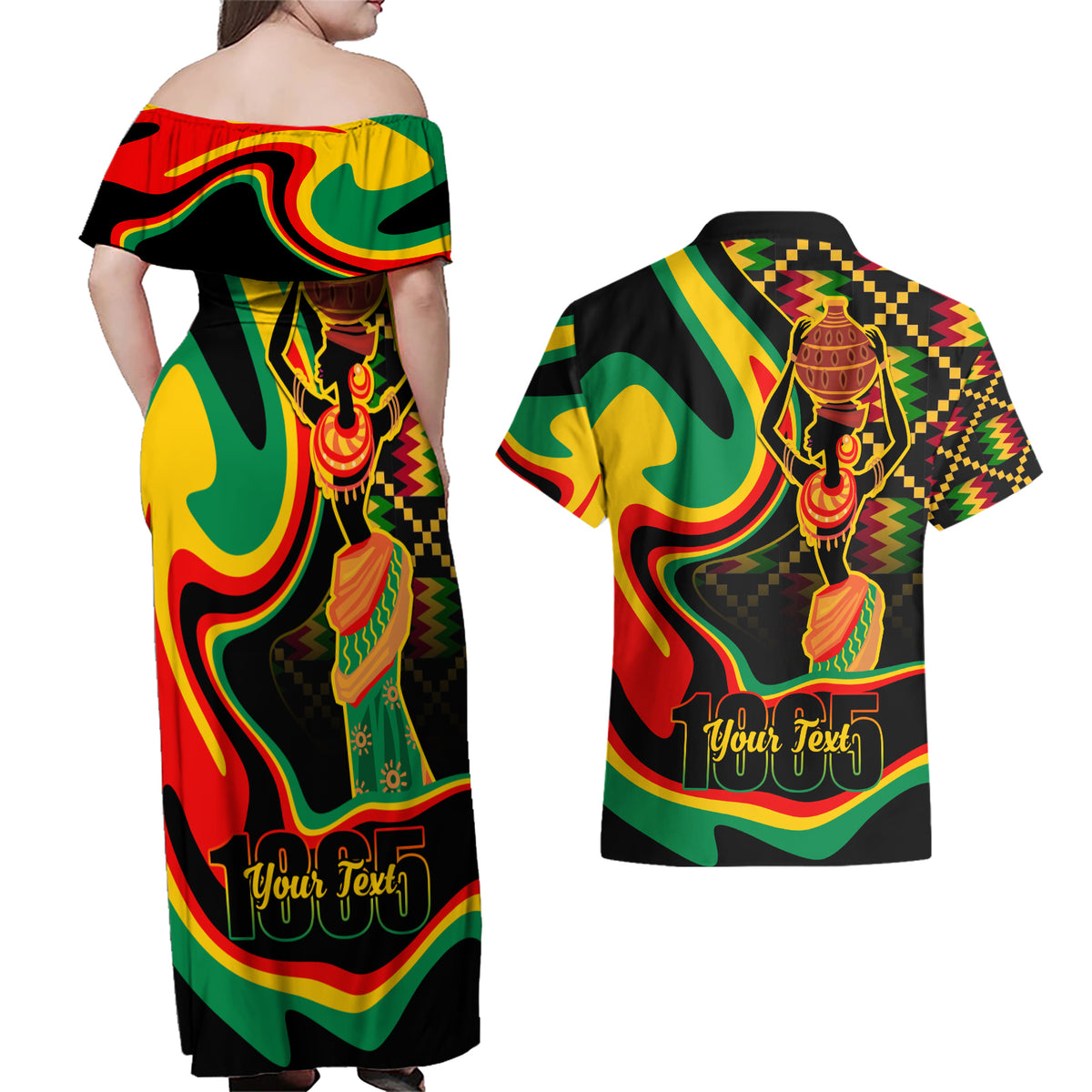 Juneteenth 2024 Couples Matching Off Shoulder Maxi Dress and Hawaiian Shirt 1865 Freedom Day Anniversary - Wonder Print Shop