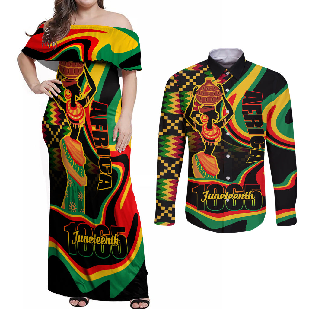 Juneteenth 2024 Couples Matching Off Shoulder Maxi Dress and Long Sleeve Button Shirt 1865 Freedom Day Anniversary - Wonder Print Shop