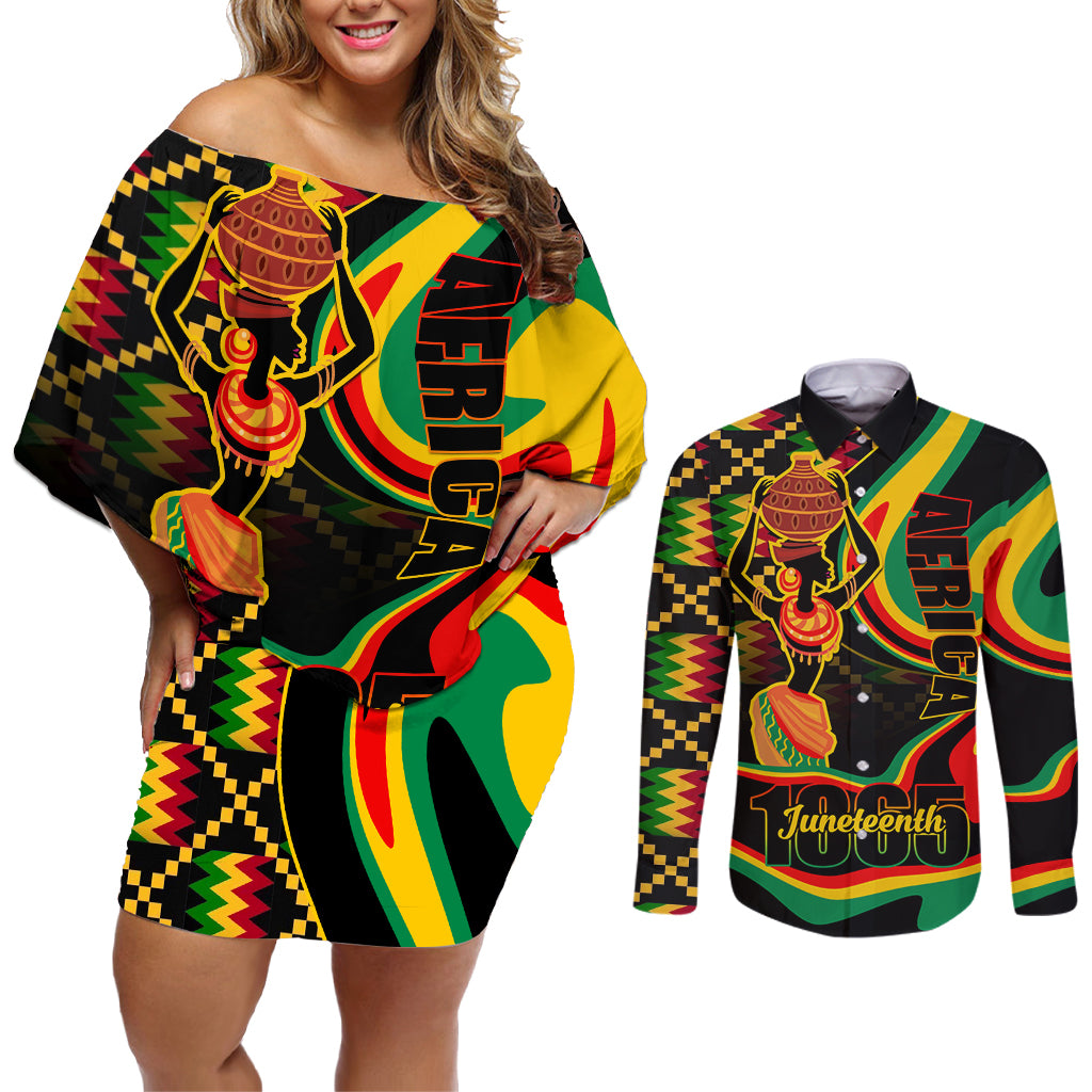 Juneteenth 2024 Couples Matching Off Shoulder Short Dress and Long Sleeve Button Shirt 1865 Freedom Day Anniversary - Wonder Print Shop