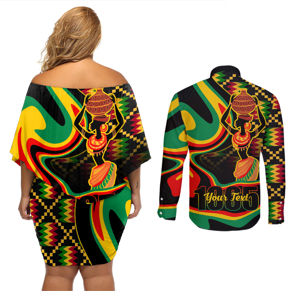 Juneteenth 2024 Couples Matching Off Shoulder Short Dress and Long Sleeve Button Shirt 1865 Freedom Day Anniversary - Wonder Print Shop