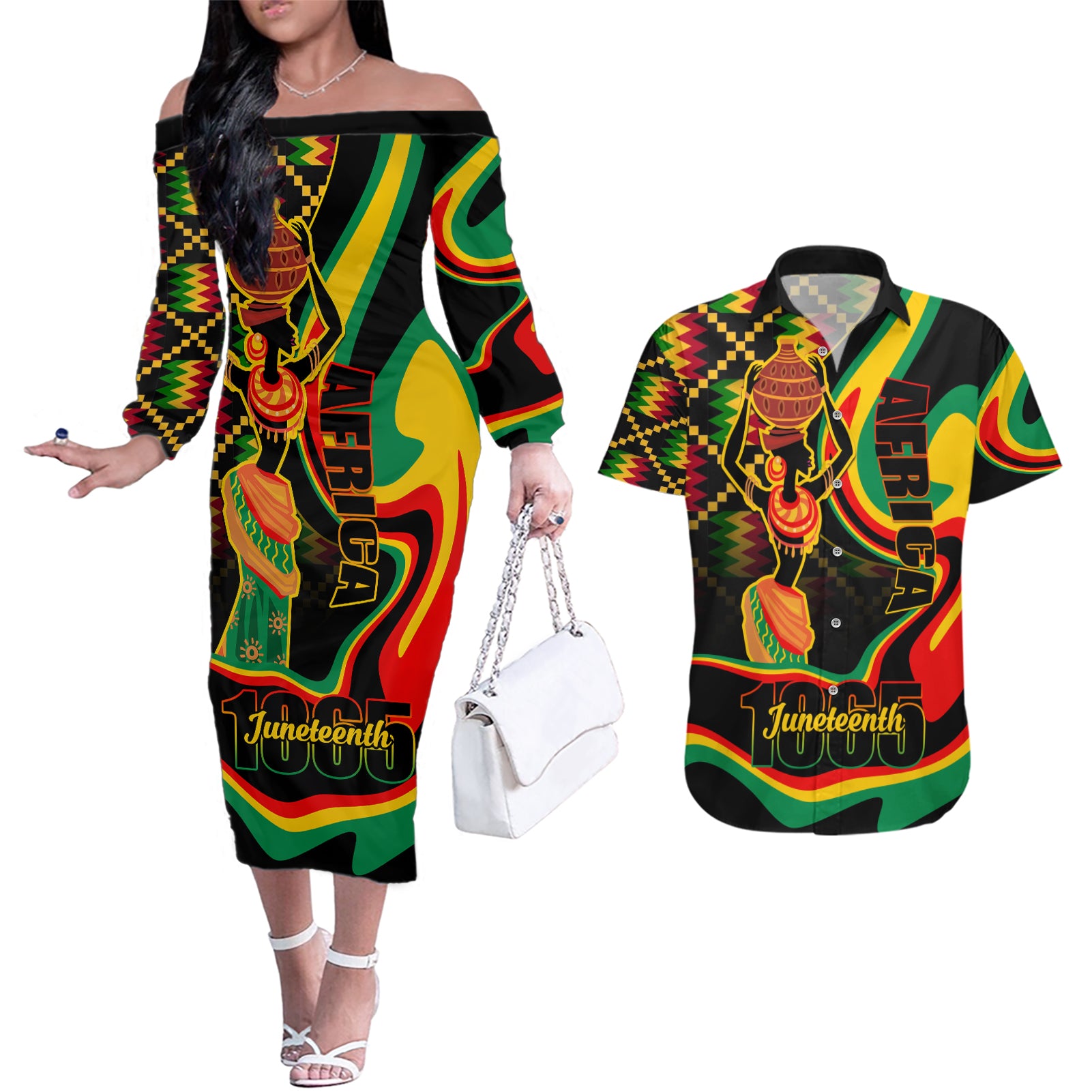 Juneteenth 2024 Couples Matching Off The Shoulder Long Sleeve Dress and Hawaiian Shirt 1865 Freedom Day Anniversary - Wonder Print Shop