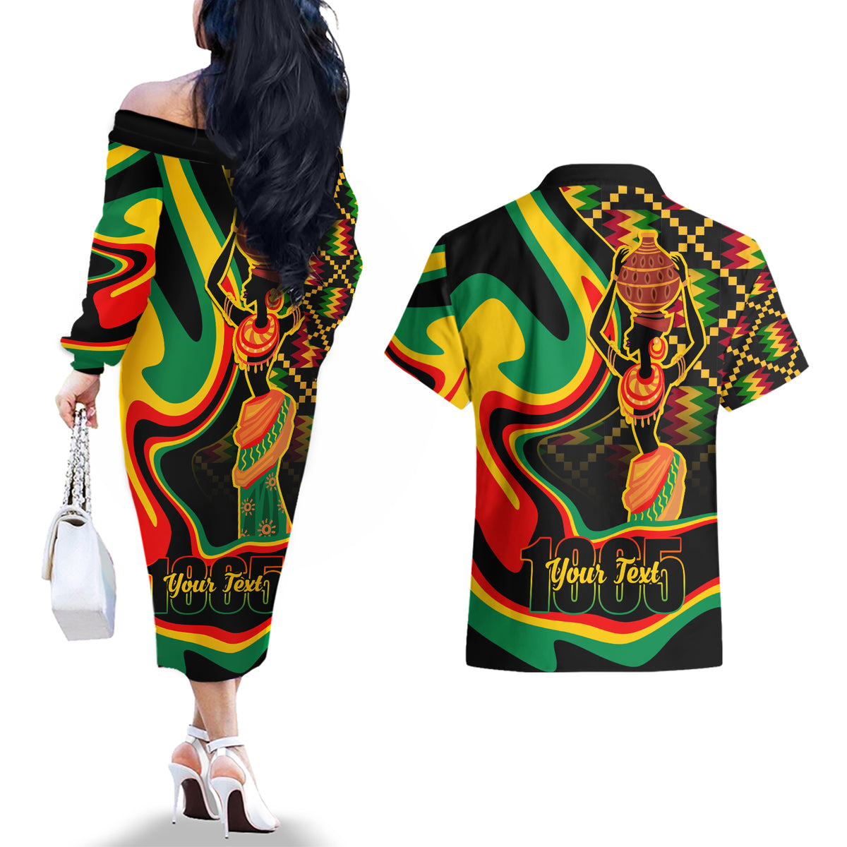 Juneteenth 2024 Couples Matching Off The Shoulder Long Sleeve Dress and Hawaiian Shirt 1865 Freedom Day Anniversary - Wonder Print Shop