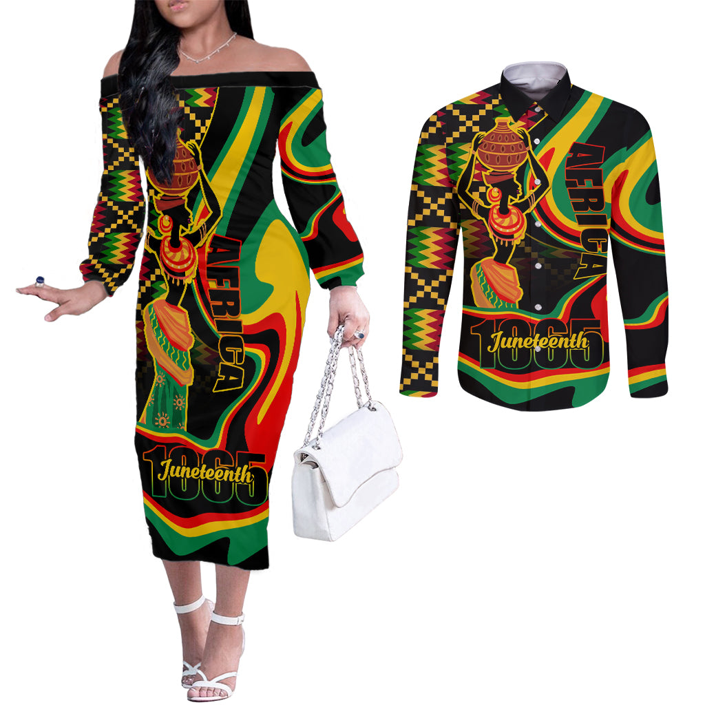 Juneteenth 2024 Couples Matching Off The Shoulder Long Sleeve Dress and Long Sleeve Button Shirt 1865 Freedom Day Anniversary