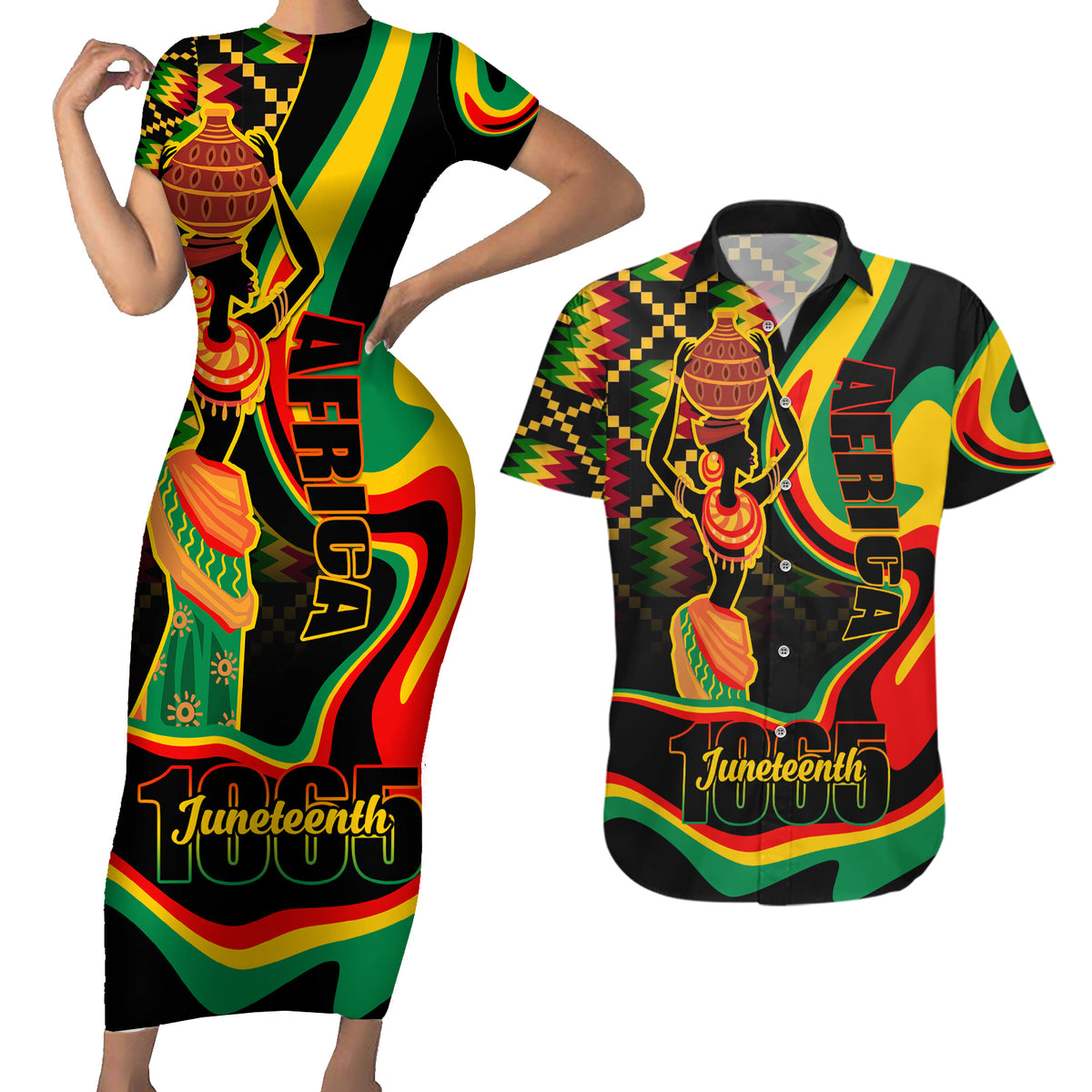 Juneteenth 2024 Couples Matching Short Sleeve Bodycon Dress and Hawaiian Shirt 1865 Freedom Day Anniversary - Wonder Print Shop