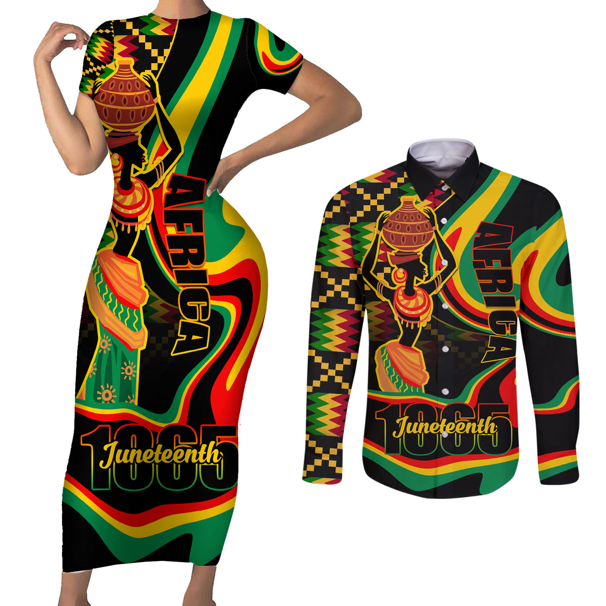 Juneteenth 2024 Couples Matching Short Sleeve Bodycon Dress and Long Sleeve Button Shirt 1865 Freedom Day Anniversary - Wonder Print Shop