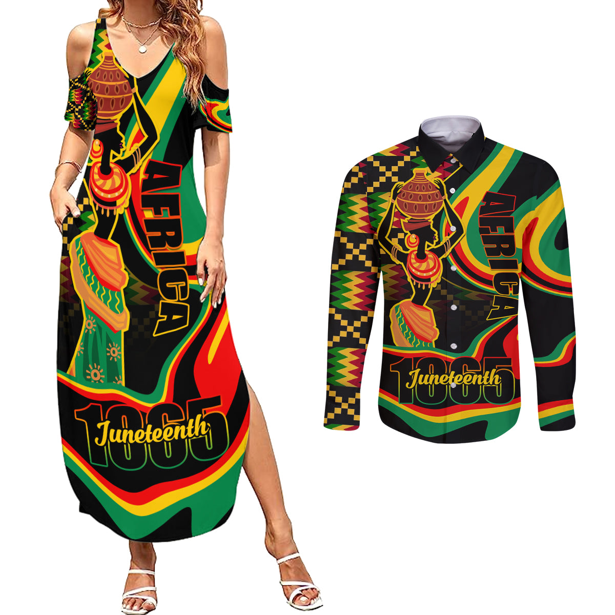 Juneteenth 2024 Couples Matching Summer Maxi Dress and Long Sleeve Button Shirt 1865 Freedom Day Anniversary - Wonder Print Shop
