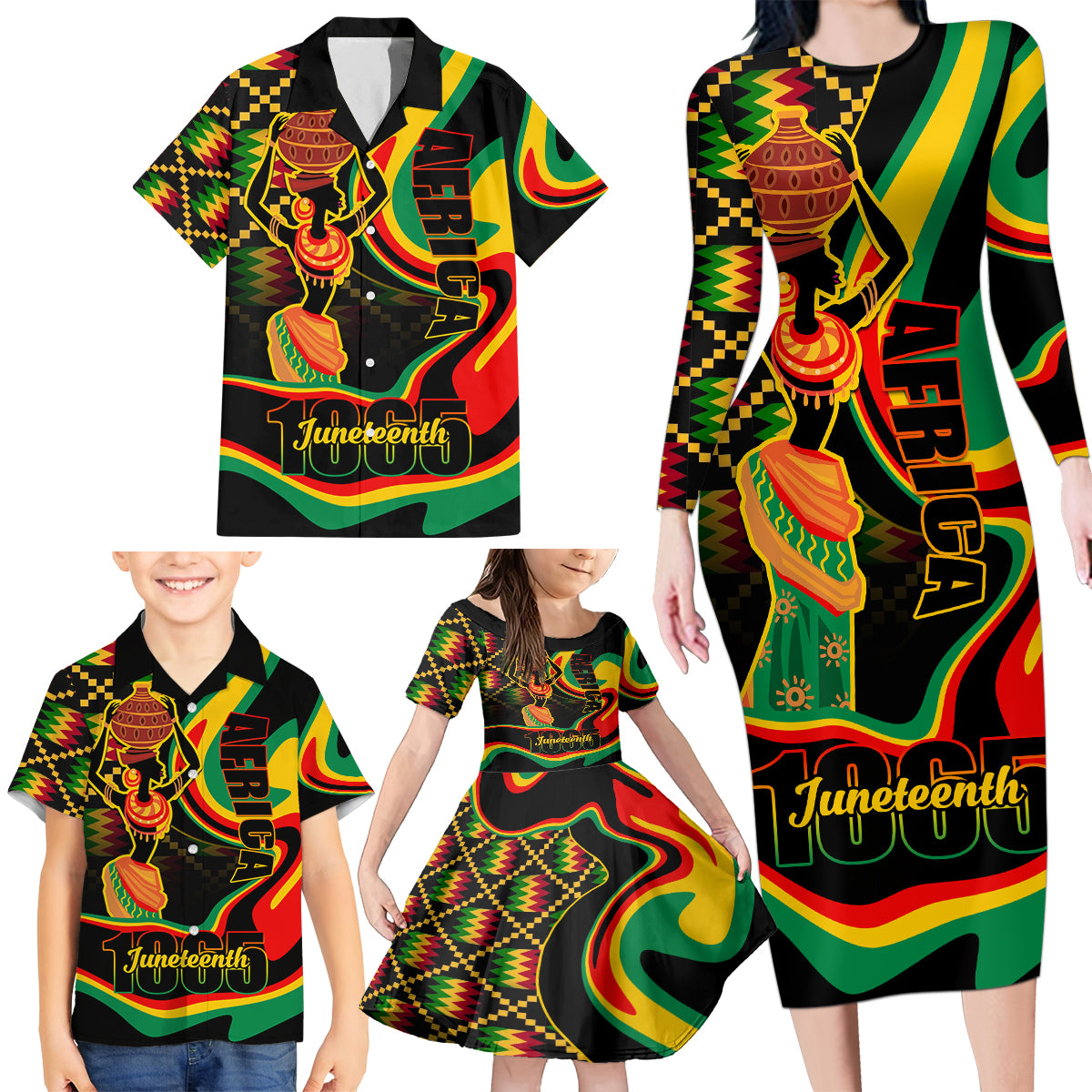 Juneteenth 2024 Family Matching Long Sleeve Bodycon Dress and Hawaiian Shirt 1865 Freedom Day Anniversary - Wonder Print Shop