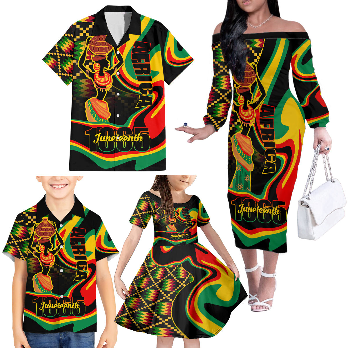 Juneteenth 2024 Family Matching Off The Shoulder Long Sleeve Dress and Hawaiian Shirt 1865 Freedom Day Anniversary - Wonder Print Shop