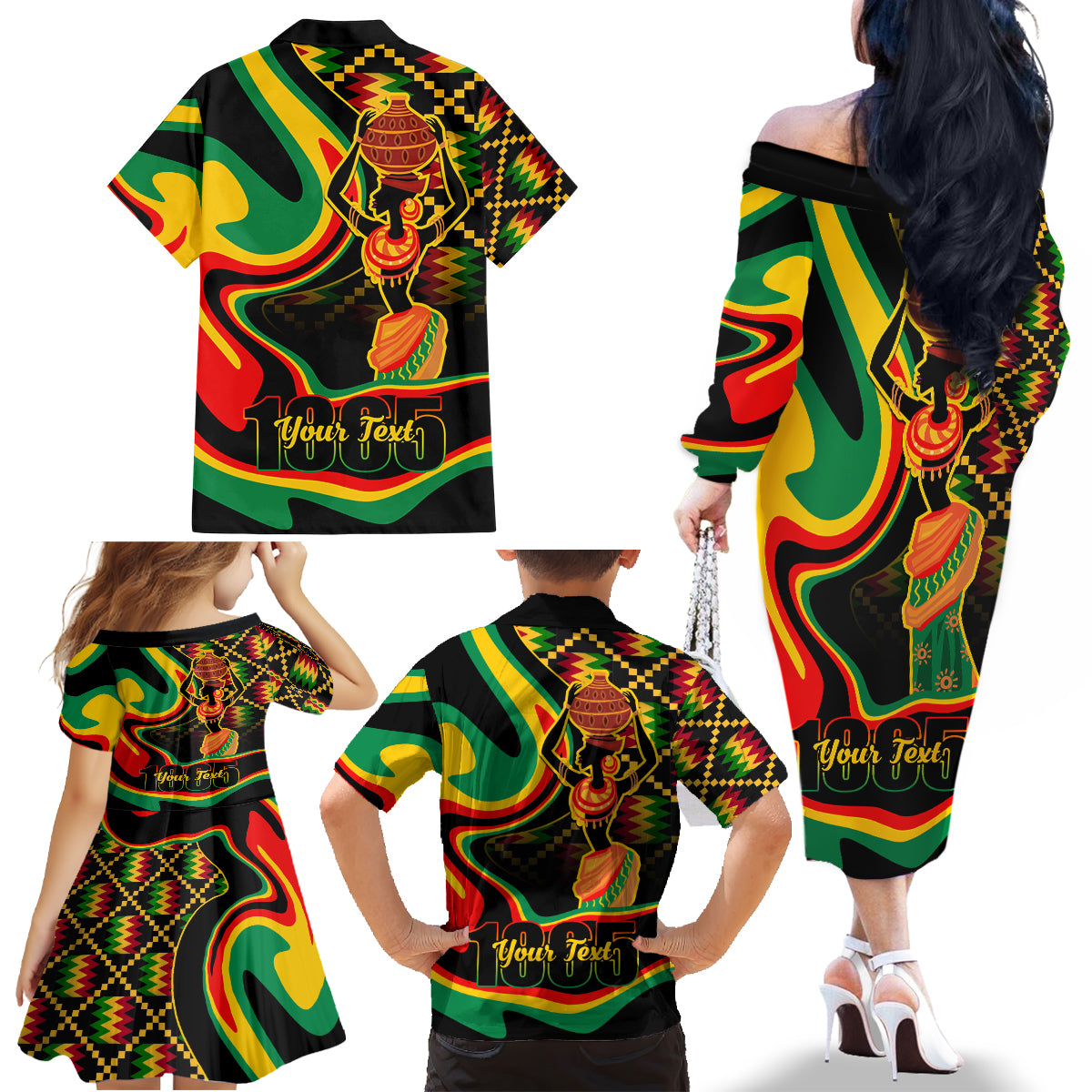 Juneteenth 2024 Family Matching Off The Shoulder Long Sleeve Dress and Hawaiian Shirt 1865 Freedom Day Anniversary - Wonder Print Shop