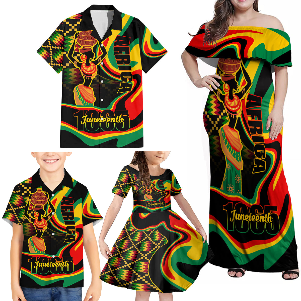 Juneteenth 2024 Family Matching Off Shoulder Maxi Dress and Hawaiian Shirt 1865 Freedom Day Anniversary - Wonder Print Shop