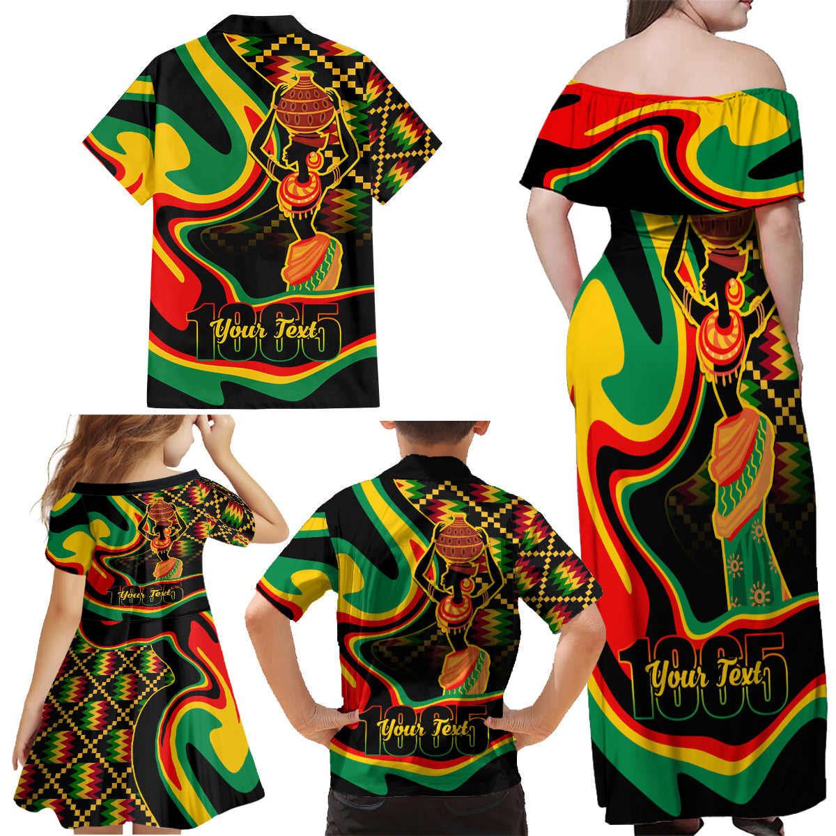 Juneteenth 2024 Family Matching Off Shoulder Maxi Dress and Hawaiian Shirt 1865 Freedom Day Anniversary - Wonder Print Shop