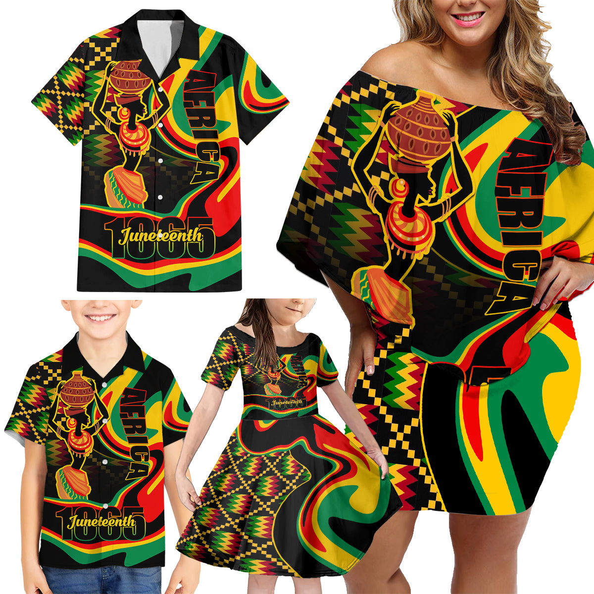 Juneteenth 2024 Family Matching Off Shoulder Short Dress and Hawaiian Shirt 1865 Freedom Day Anniversary - Wonder Print Shop