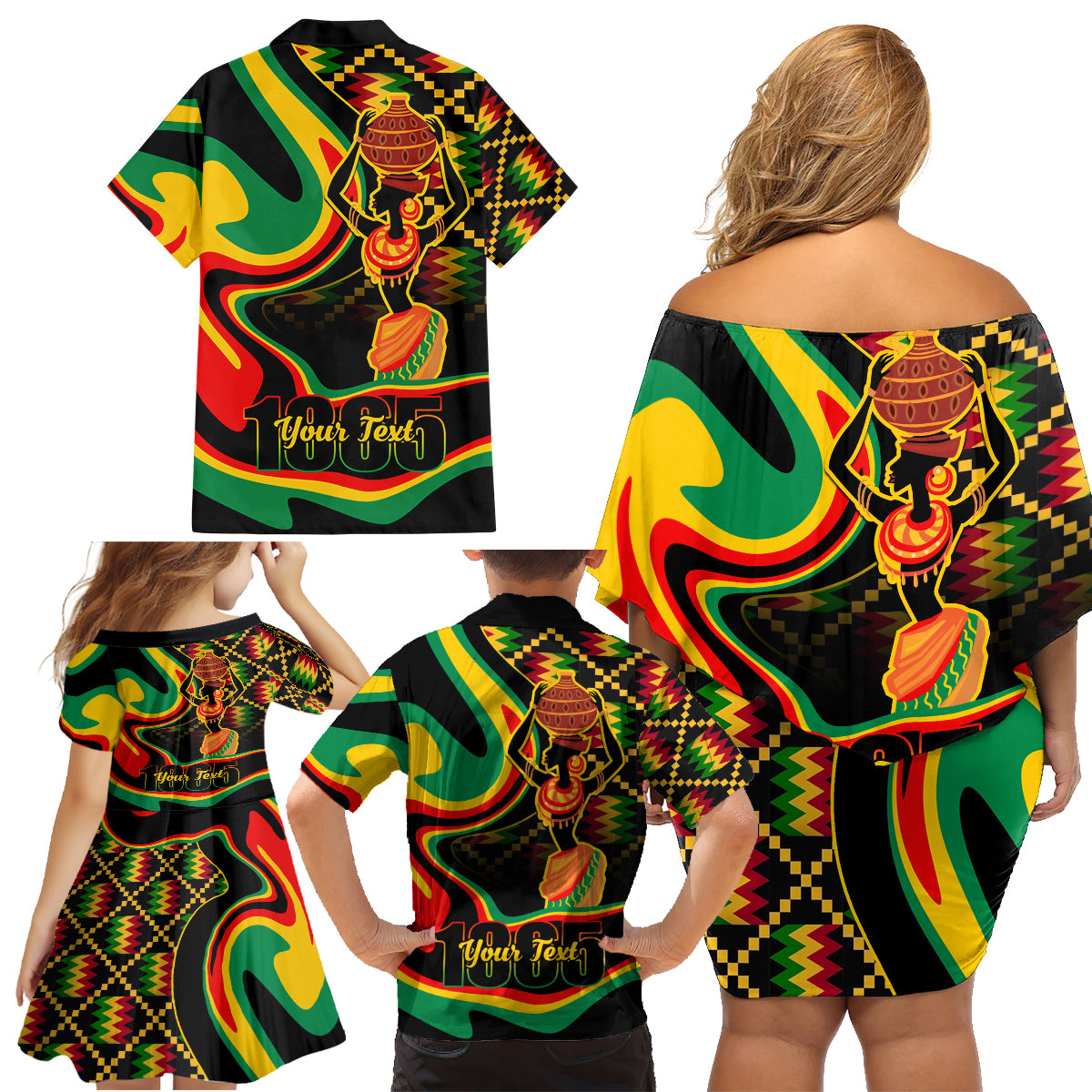 Juneteenth 2024 Family Matching Off Shoulder Short Dress and Hawaiian Shirt 1865 Freedom Day Anniversary - Wonder Print Shop