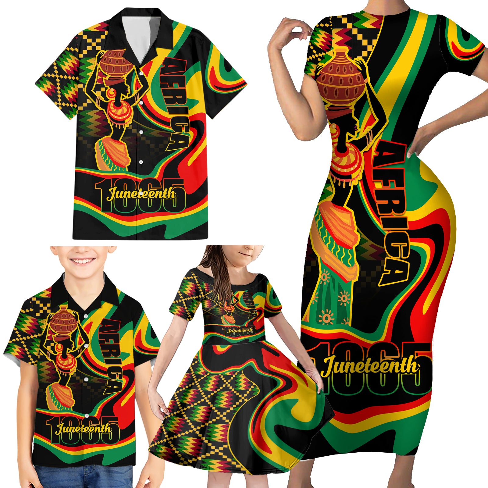 Juneteenth 2024 Family Matching Short Sleeve Bodycon Dress and Hawaiian Shirt 1865 Freedom Day Anniversary - Wonder Print Shop