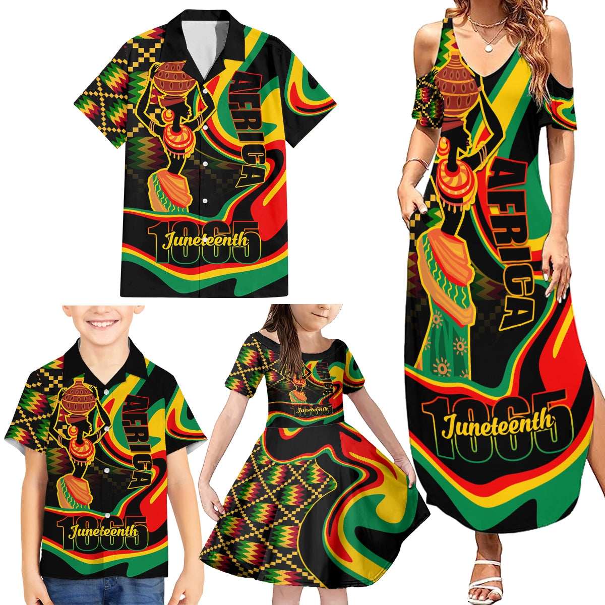 Juneteenth 2024 Family Matching Summer Maxi Dress and Hawaiian Shirt 1865 Freedom Day Anniversary - Wonder Print Shop