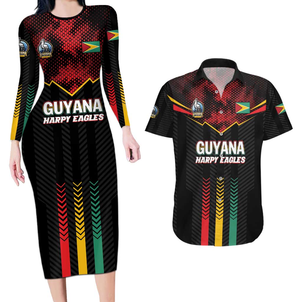 Custom Cricket Guyana Harpy Eagles Couples Matching Long Sleeve Bodycon Dress and Hawaiian Shirt Let's Go Guyana