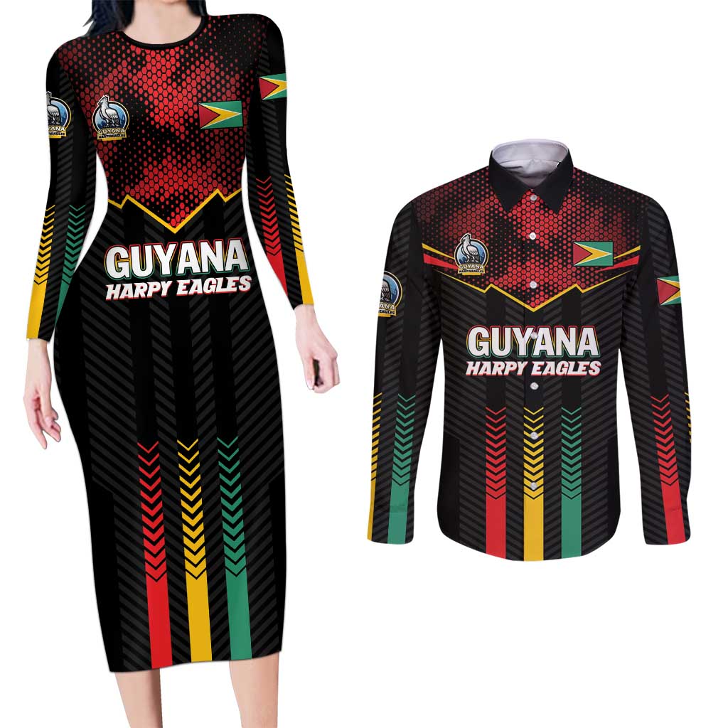 Custom Cricket Guyana Harpy Eagles Couples Matching Long Sleeve Bodycon Dress and Long Sleeve Button Shirt Let's Go Guyana