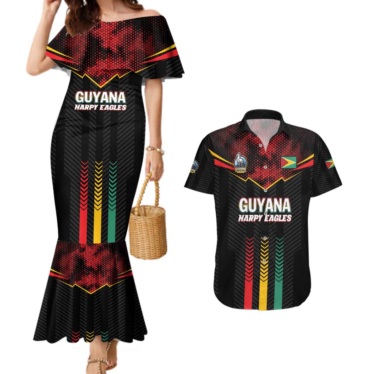 Custom Cricket Guyana Harpy Eagles Couples Matching Mermaid Dress and Hawaiian Shirt Let's Go Guyana