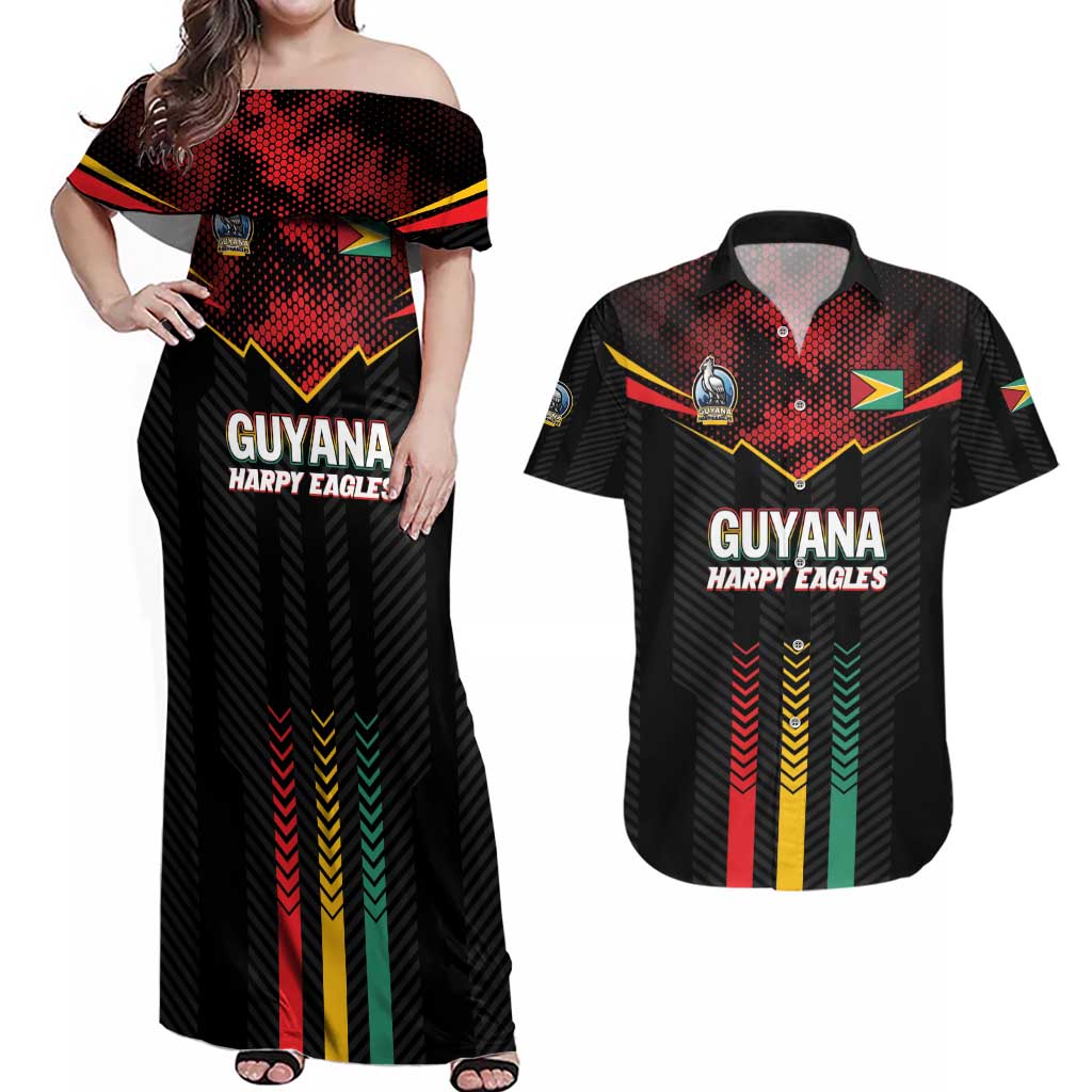 Custom Cricket Guyana Harpy Eagles Couples Matching Off Shoulder Maxi Dress and Hawaiian Shirt Let's Go Guyana