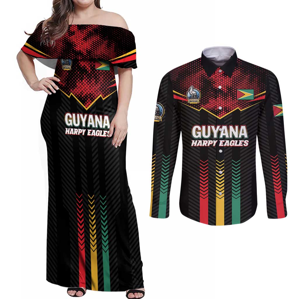 Custom Cricket Guyana Harpy Eagles Couples Matching Off Shoulder Maxi Dress and Long Sleeve Button Shirt Let's Go Guyana