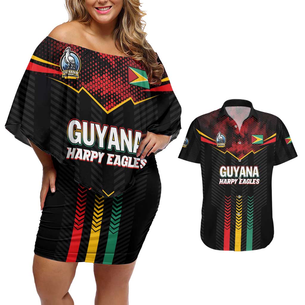 Custom Cricket Guyana Harpy Eagles Couples Matching Off Shoulder Short Dress and Hawaiian Shirt Let's Go Guyana