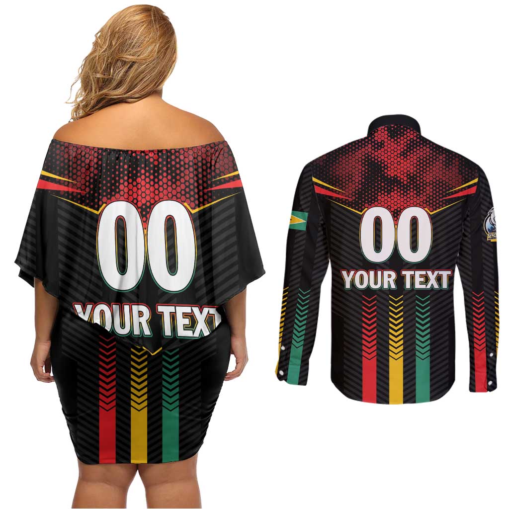 Custom Cricket Guyana Harpy Eagles Couples Matching Off Shoulder Short Dress and Long Sleeve Button Shirt Let's Go Guyana
