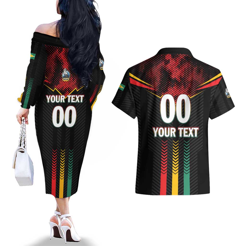 Custom Cricket Guyana Harpy Eagles Couples Matching Off The Shoulder Long Sleeve Dress and Hawaiian Shirt Let's Go Guyana