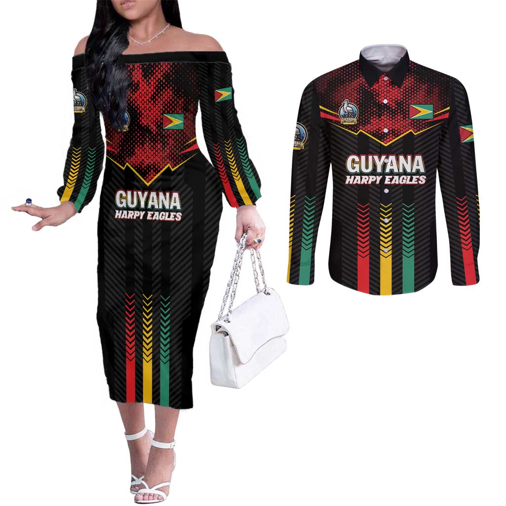 Custom Cricket Guyana Harpy Eagles Couples Matching Off The Shoulder Long Sleeve Dress and Long Sleeve Button Shirt Let's Go Guyana