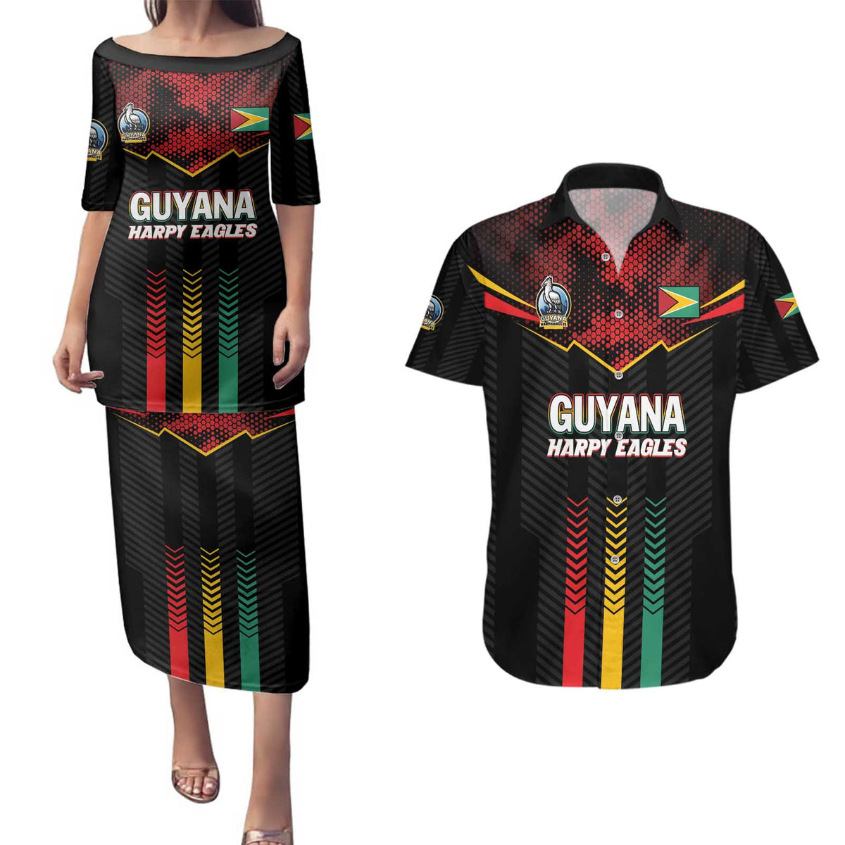 Custom Cricket Guyana Harpy Eagles Couples Matching Puletasi and Hawaiian Shirt Let's Go Guyana