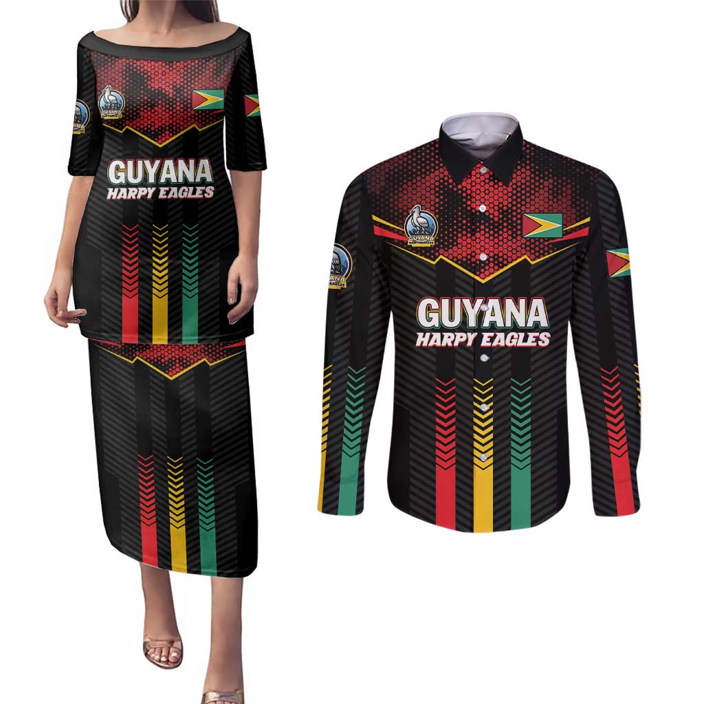 Custom Cricket Guyana Harpy Eagles Couples Matching Puletasi and Long Sleeve Button Shirt Let's Go Guyana