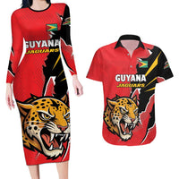 Custom Cricket Guyana Jaguars Couples Matching Long Sleeve Bodycon Dress and Hawaiian Shirt Go Champion