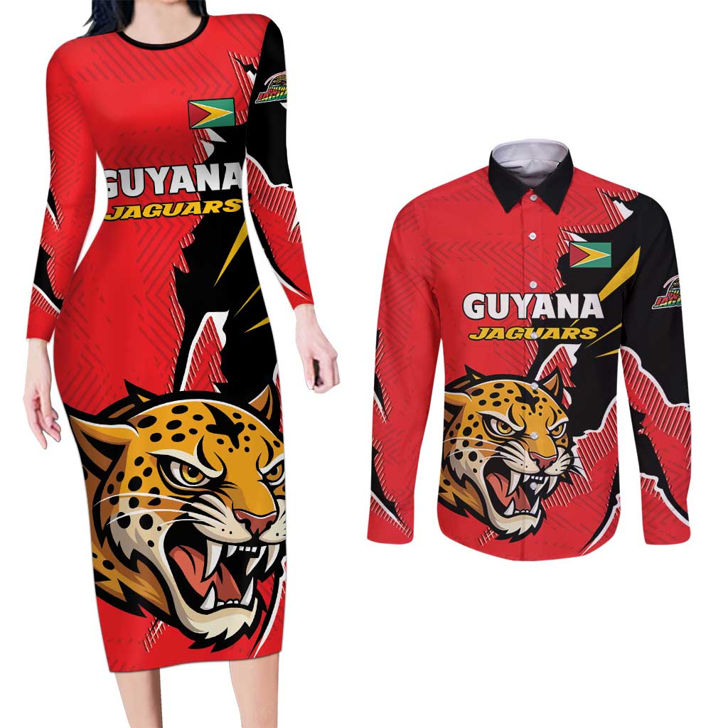 Custom Cricket Guyana Jaguars Couples Matching Long Sleeve Bodycon Dress and Long Sleeve Button Shirt Go Champion