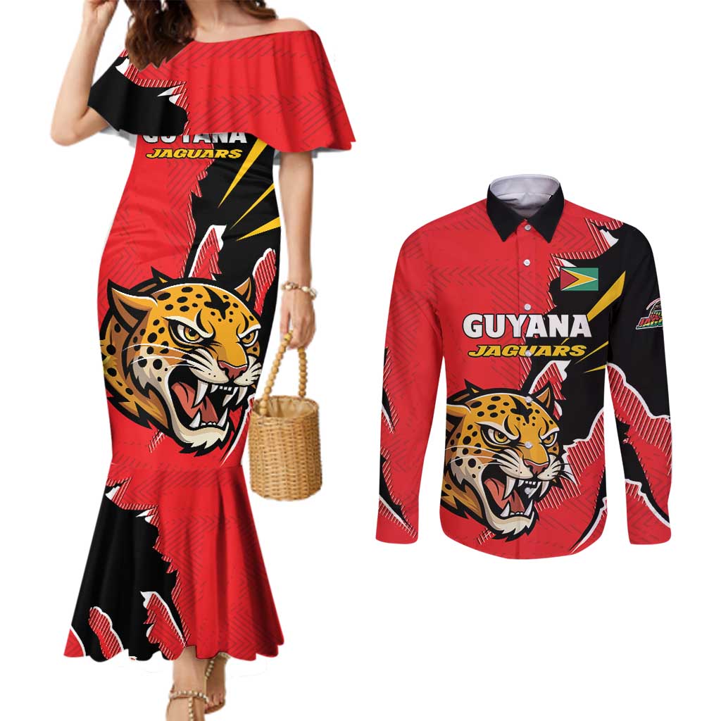 Custom Cricket Guyana Jaguars Couples Matching Mermaid Dress and Long Sleeve Button Shirt Go Champion