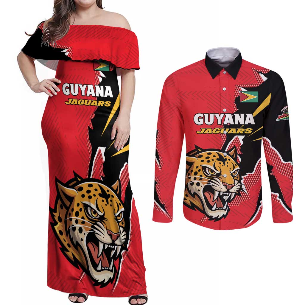 Custom Cricket Guyana Jaguars Couples Matching Off Shoulder Maxi Dress and Long Sleeve Button Shirt Go Champion