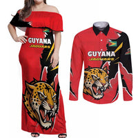 Custom Cricket Guyana Jaguars Couples Matching Off Shoulder Maxi Dress and Long Sleeve Button Shirt Go Champion