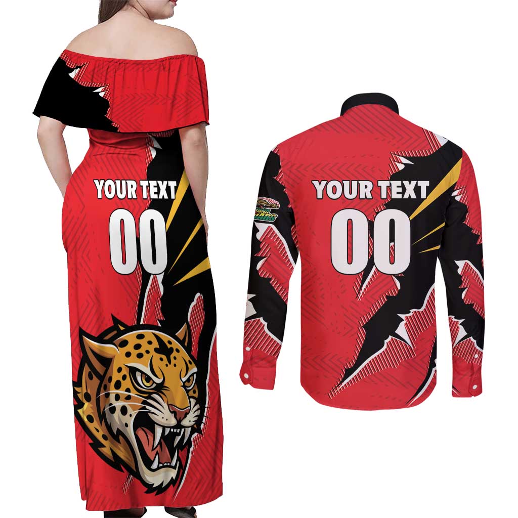 Custom Cricket Guyana Jaguars Couples Matching Off Shoulder Maxi Dress and Long Sleeve Button Shirt Go Champion