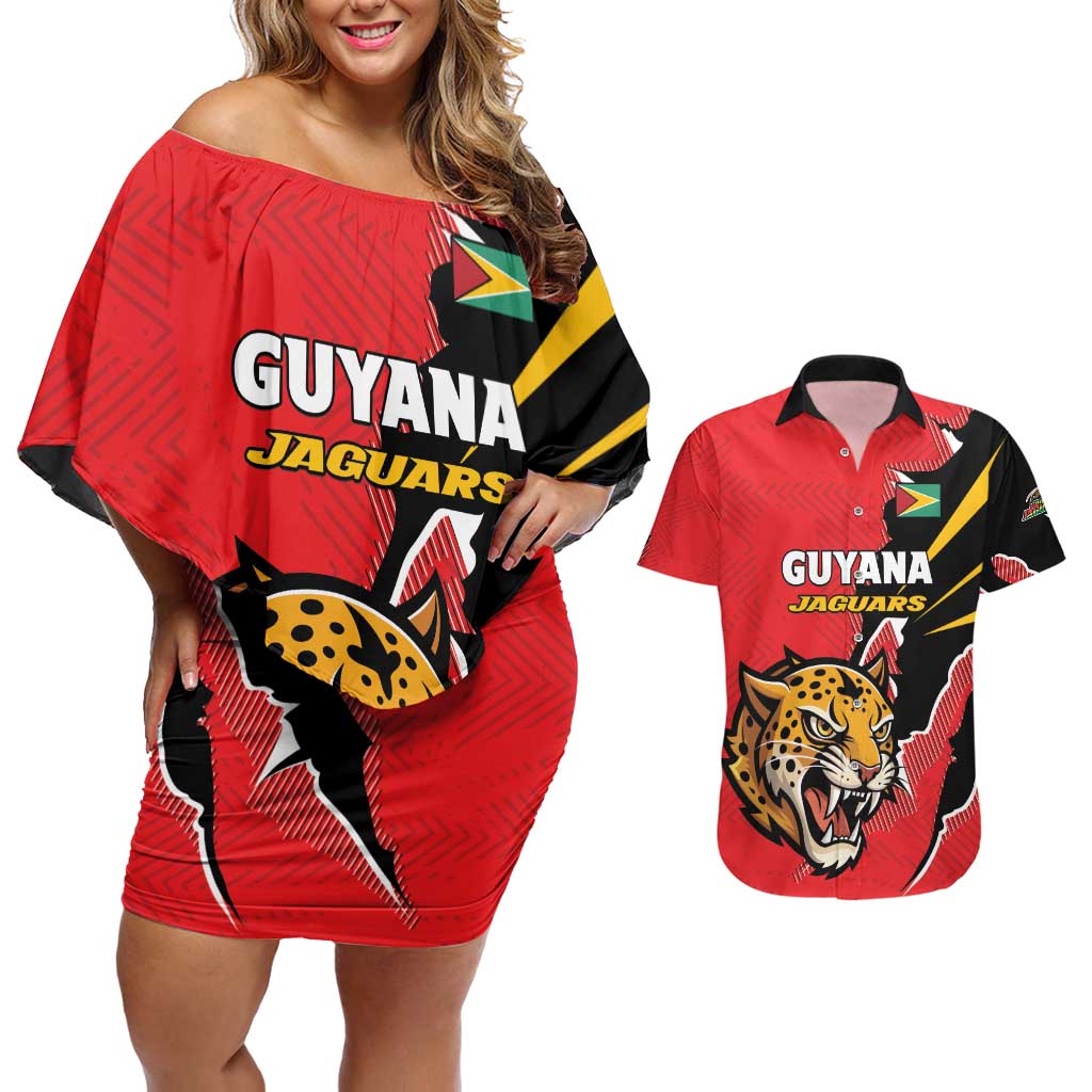 Custom Cricket Guyana Jaguars Couples Matching Off Shoulder Short Dress and Hawaiian Shirt Go Champion