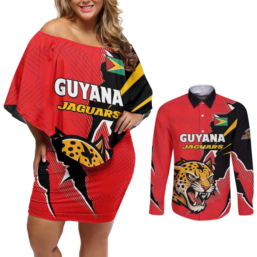 Custom Cricket Guyana Jaguars Couples Matching Off Shoulder Short Dress and Long Sleeve Button Shirt Go Champion