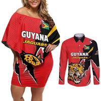 Custom Cricket Guyana Jaguars Couples Matching Off Shoulder Short Dress and Long Sleeve Button Shirt Go Champion