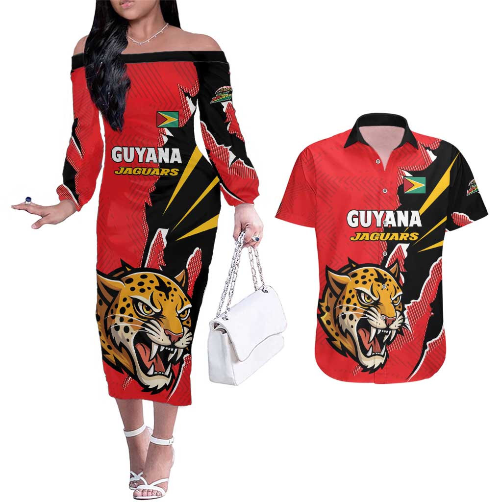 Custom Cricket Guyana Jaguars Couples Matching Off The Shoulder Long Sleeve Dress and Hawaiian Shirt Go Champion
