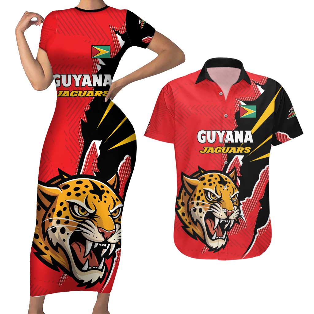 Custom Cricket Guyana Jaguars Couples Matching Short Sleeve Bodycon Dress and Hawaiian Shirt Go Champion