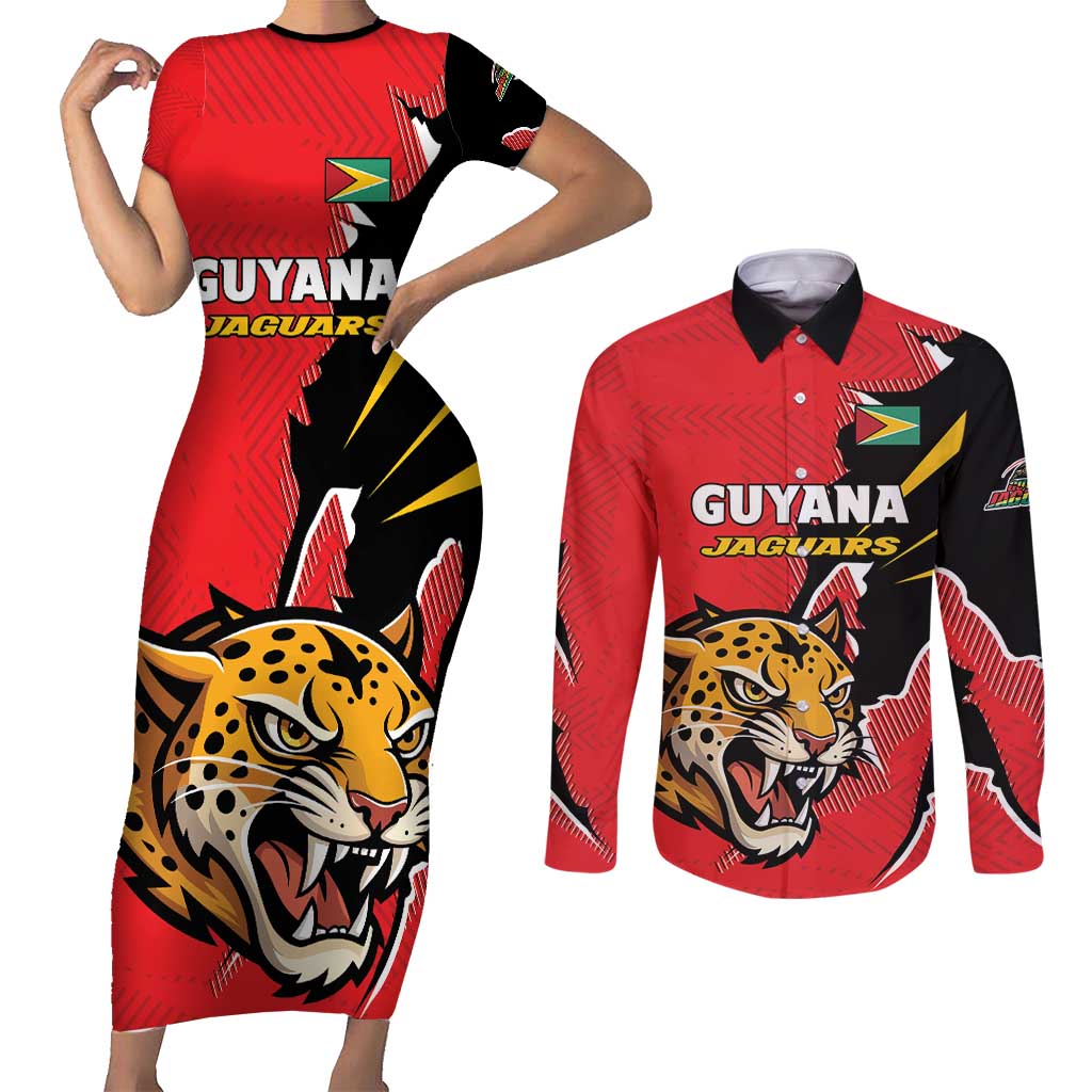 Custom Cricket Guyana Jaguars Couples Matching Short Sleeve Bodycon Dress and Long Sleeve Button Shirt Go Champion