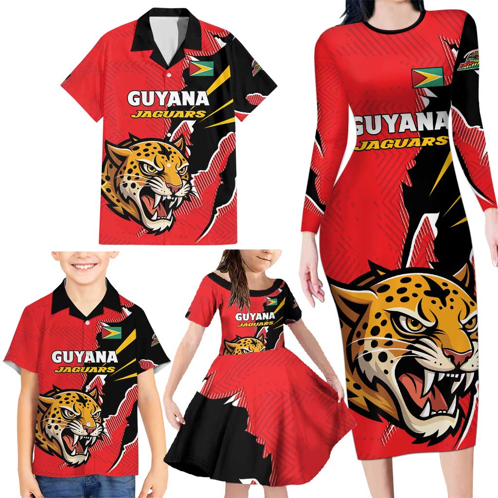 Custom Cricket Guyana Jaguars Family Matching Long Sleeve Bodycon Dress and Hawaiian Shirt Go Champion