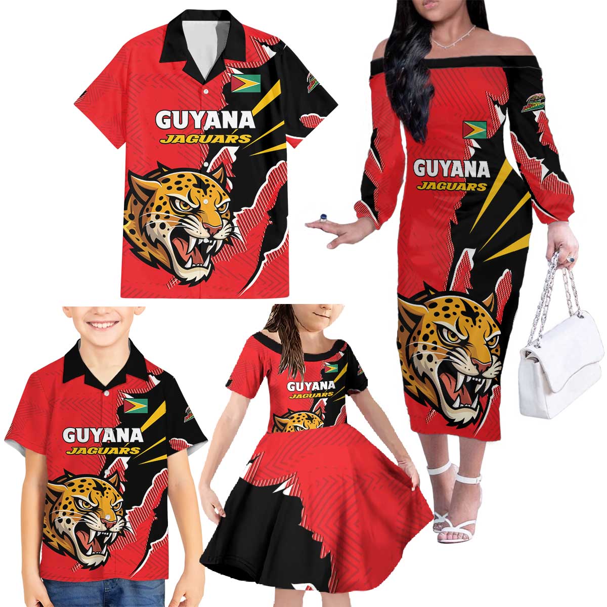 Custom Cricket Guyana Jaguars Family Matching Off The Shoulder Long Sleeve Dress and Hawaiian Shirt Go Champion