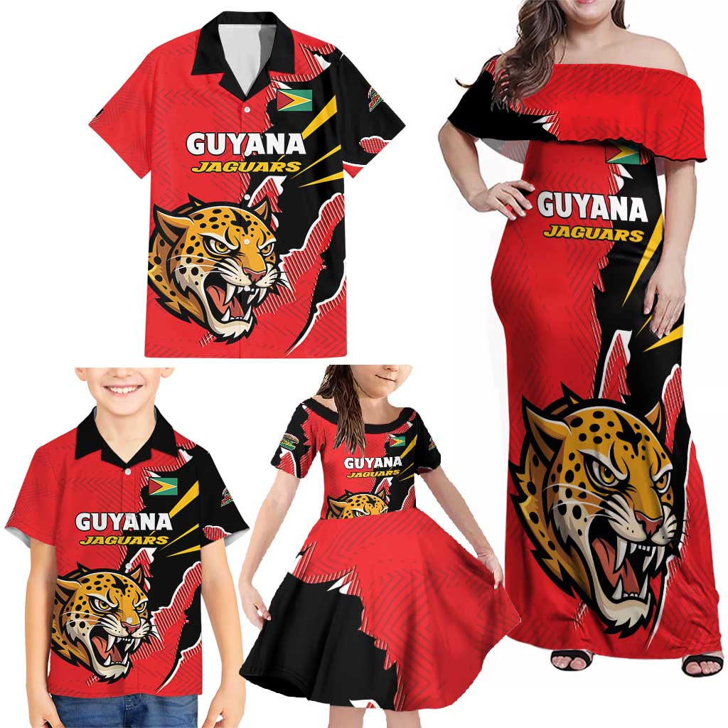 Custom Cricket Guyana Jaguars Family Matching Off Shoulder Maxi Dress and Hawaiian Shirt Go Champion