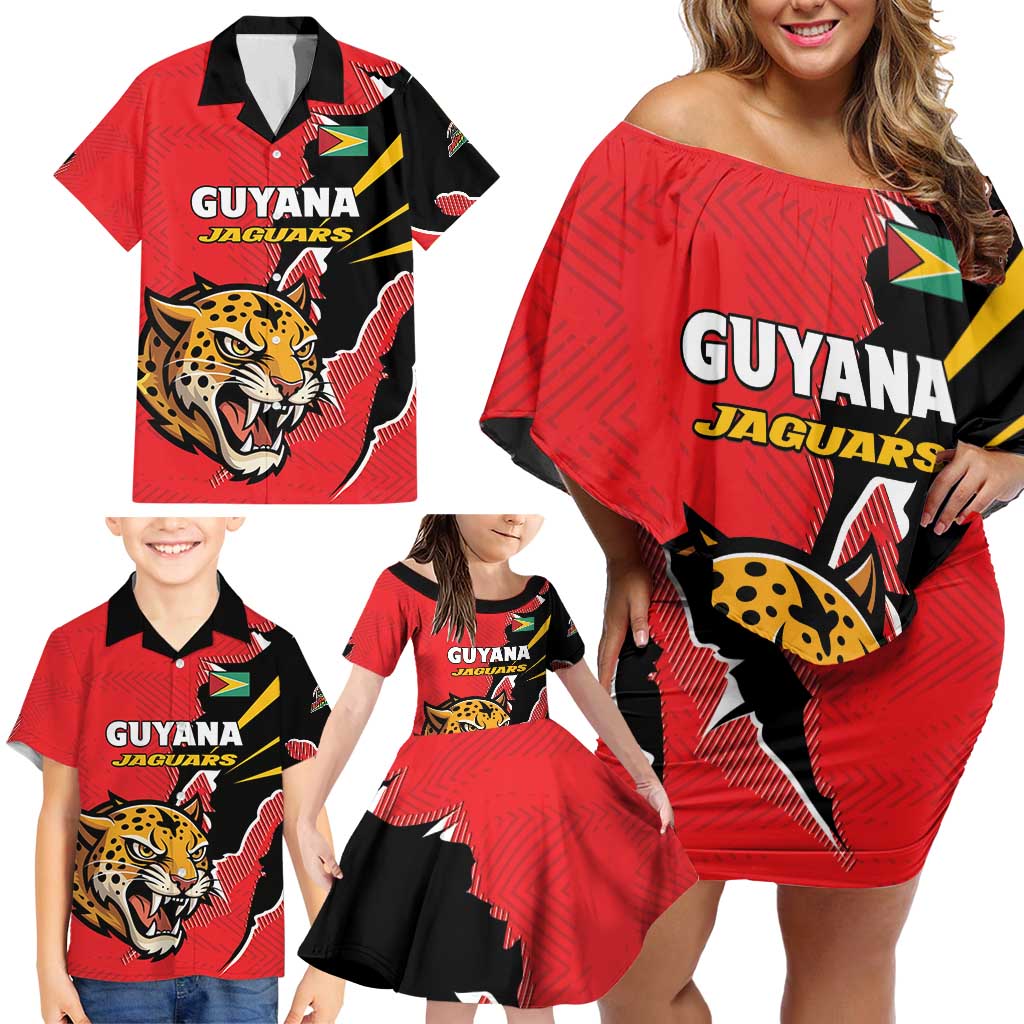 Custom Cricket Guyana Jaguars Family Matching Off Shoulder Short Dress and Hawaiian Shirt Go Champion