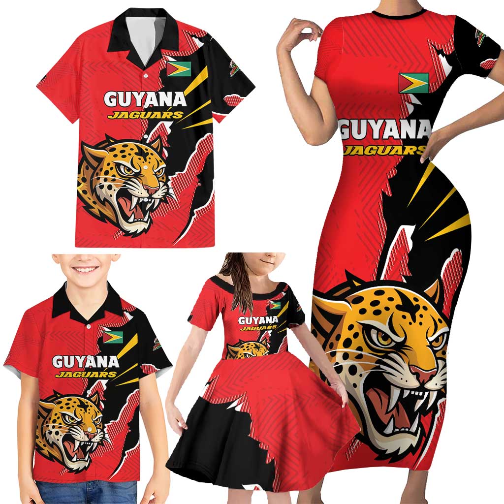 Custom Cricket Guyana Jaguars Family Matching Short Sleeve Bodycon Dress and Hawaiian Shirt Go Champion