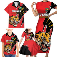 Custom Cricket Guyana Jaguars Family Matching Short Sleeve Bodycon Dress and Hawaiian Shirt Go Champion