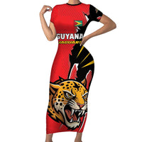 Custom Cricket Guyana Jaguars Family Matching Short Sleeve Bodycon Dress and Hawaiian Shirt Go Champion