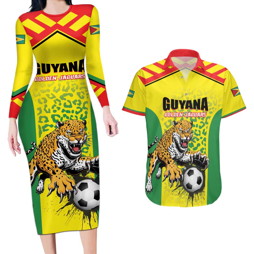 Custom Football Guyana Couples Matching Long Sleeve Bodycon Dress and Hawaiian Shirt Golden Jaguars
